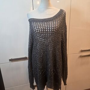 Crochet Macrame Metallic Off The Shoulder Oversized Sweater Gray Large